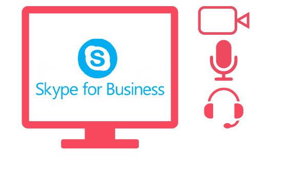 A display with Skype for Business logo and a web camera, a microphone and a headset