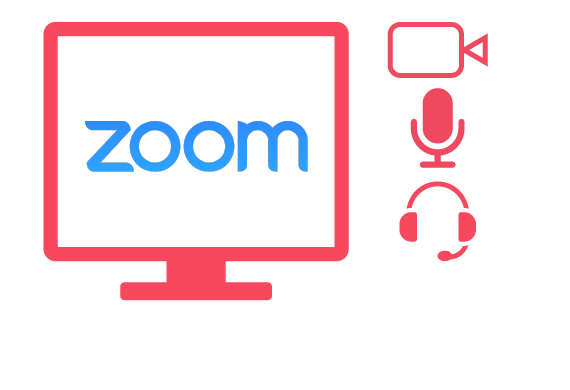 A display with a Zoom logo and a web camera, a microphone and a headset