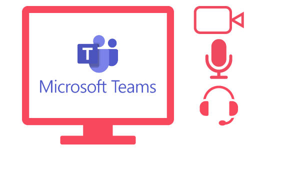 Kuvassa tietokoneen näyttö, jossa Microsoft Teams-logo, tarvittavat välineet kuten mikrofoni, headset-kuulokkeet sekä webkamera